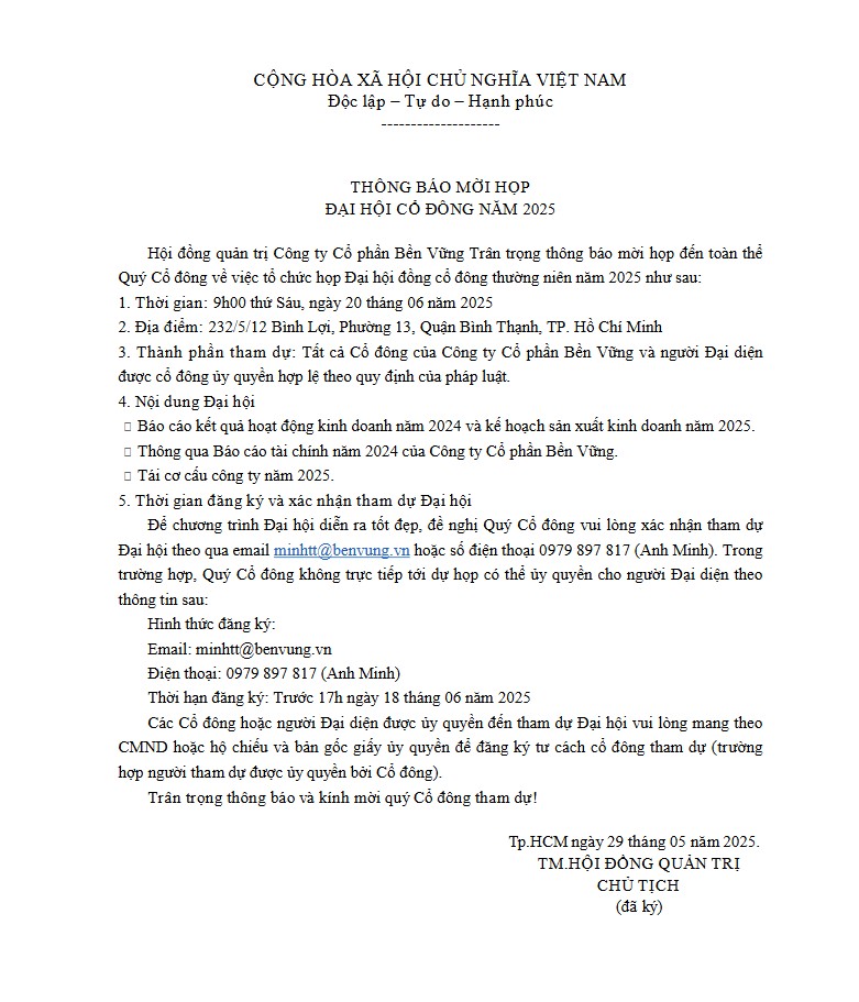 Thông Báo Đại Hội Cổ Đông 2025